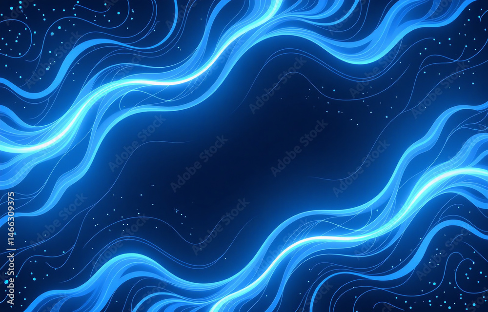 Poster Glowing blue lines form a wavy frame on a dark background, interspersed with tiny sparkles, creating a futuristic, ethereal aesthetic.