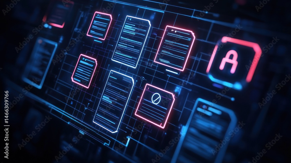 Poster abstract digital display with glowing documents and interface elements