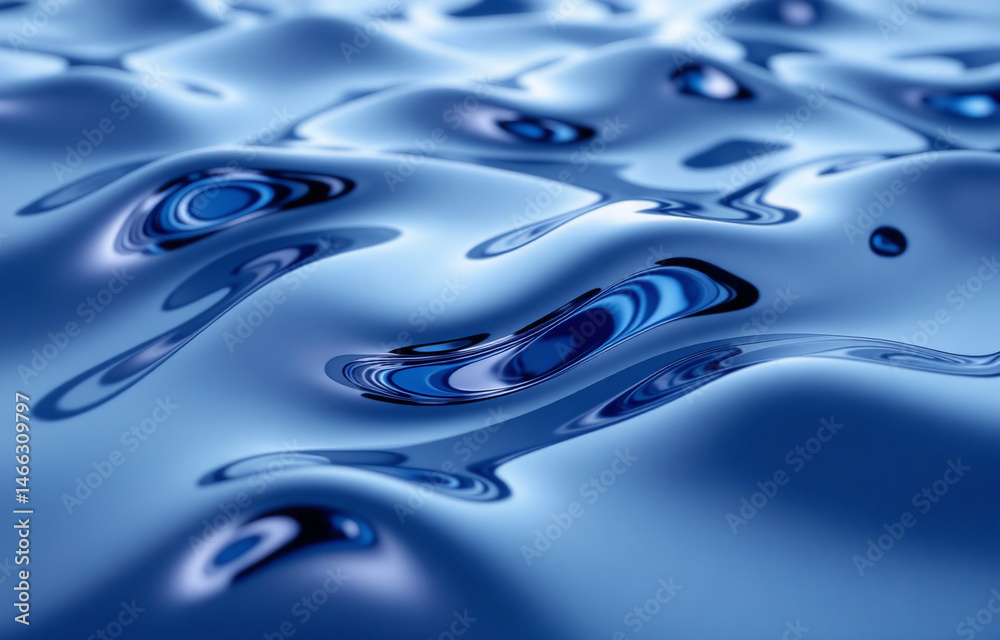 Poster Close-up view of a liquid surface with undulating, reflective waves and subtle concentric circles.  The color is a deep, saturated blue.