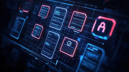 Obraz premium Abstract digital display with glowing documents and interface elements