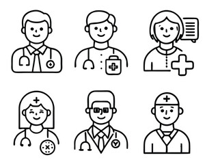 Medical Professionals Icon Set – Flat Vector Illustrations of Doctors, Nurses, and Telemedicine Concepts for Healthcare Apps and Online Consultations.