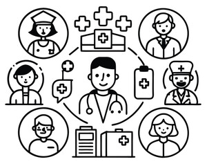 Medical Professionals Icon Set – Flat Vector Illustrations of Doctors, Nurses, and Telemedicine Concepts for Healthcare Apps and Online Consultations.