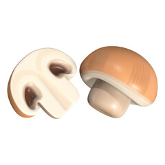 A 3D rendering displays a whole and a halved brown button mushroom, showcasing its cap, stem, and gills.