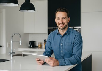 Smiling man using tablet in modern kitchen, leaning on countertop