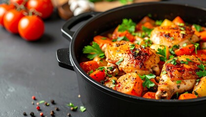 A delicious chicken dish with vibrant vegetables, garnished with parsley, served in a black pot, surrounded by fresh tomatoes and seasonings