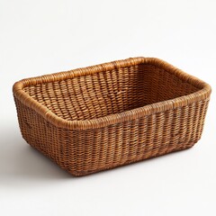 Obraz premium Rectangular Wicker Basket: A Close-Up View of its Detailed Weave, Rustic Charm, and Open Design for Storage or Decorative Use Against a Clean White Background.