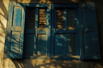 Sunlight casts shadows on weathered blue shutters