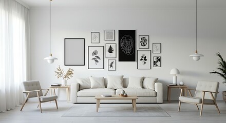 Minimalist Living Room with Black and White Botanical Prints and Modern Furniture