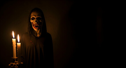 Spooky Skeleton Figure with Candles in Dark Atmosphere for Halloween