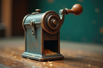 Close-up of a vintage metal pencil sharpener with crank handle and shavings receptacle , desk, vintage, handle