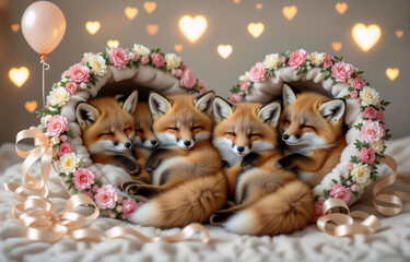 Five adorable fox kits snuggle together in a floral-adorned bed, a pink balloon adding to the sweet, romantic scene.