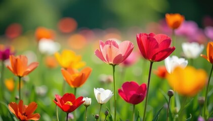 Fototapeta premium Close-up of vibrant, colorful flowers blooming in a meadow, showcasing the diversity of nature's evolution , environment, texture, botanical