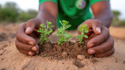 Climate Change Environmental Policy Conservation. Hands gently nurturing small plants in soil, symbolizing care for nature.