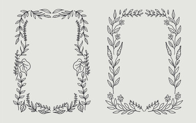 Floral frame border set hand drawn illustration with flowers, blooms, branch. line art style. Perfect for wedding, cards or invitation.
