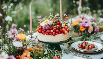 Delicious homemade cake decorated with fresh strawberries and spring flowers on table in garden