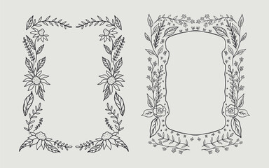 Floral frame border set hand drawn illustration with flowers, blooms, branch. line art style. Perfect for wedding, cards or invitation.