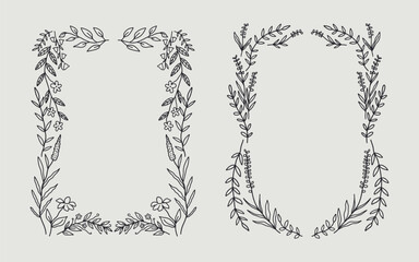 Floral frame border set hand drawn illustration with flowers, blooms, branch. line art style. Perfect for wedding, cards or invitation.