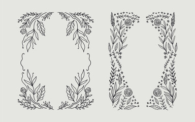 Floral frame border set hand drawn illustration with flowers, blooms, branch. line art style. Perfect for wedding, cards or invitation.