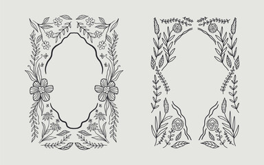 Floral frame border set hand drawn illustration with flowers, blooms, branch. line art style. Perfect for wedding, cards or invitation.