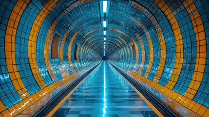 A mesmerizing view inside a vibrant blue and yellow tiled tunnel, with a long perspective vanishing into the distance.