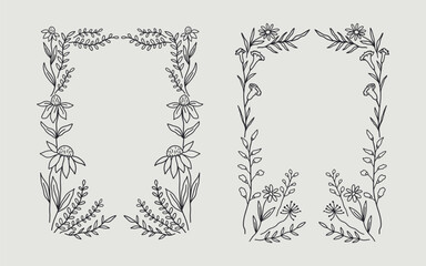 Floral frame border set hand drawn illustration with flowers, blooms, branch. line art style. Perfect for wedding, cards or invitation.