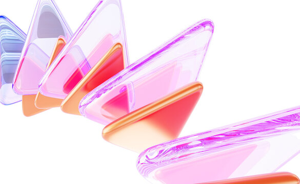 Colorful glass triangle shapes 3d background. Abstract holographic transparent crystal and plastic triangular figures with rainbow light prism effect render. Creative art wallpaper