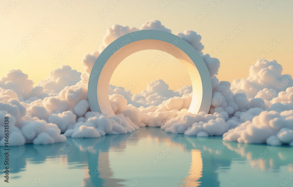 Poster a serene landscape featuring a large circular frame nestled amidst fluffy clouds reflecting on calm,