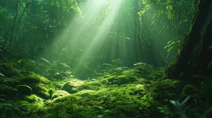 Fototapeta premium Lush green forest floor bathed in sunlight (1)