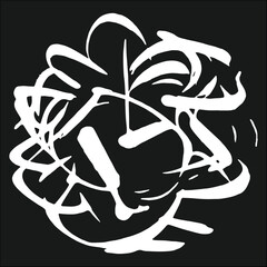 White marker doodle explosion. Random irregular intersecting lines. Monogram abstract graffiti round tag, grunge background. Calligraphic spherical pattern. Vector hand drawn lettering sign