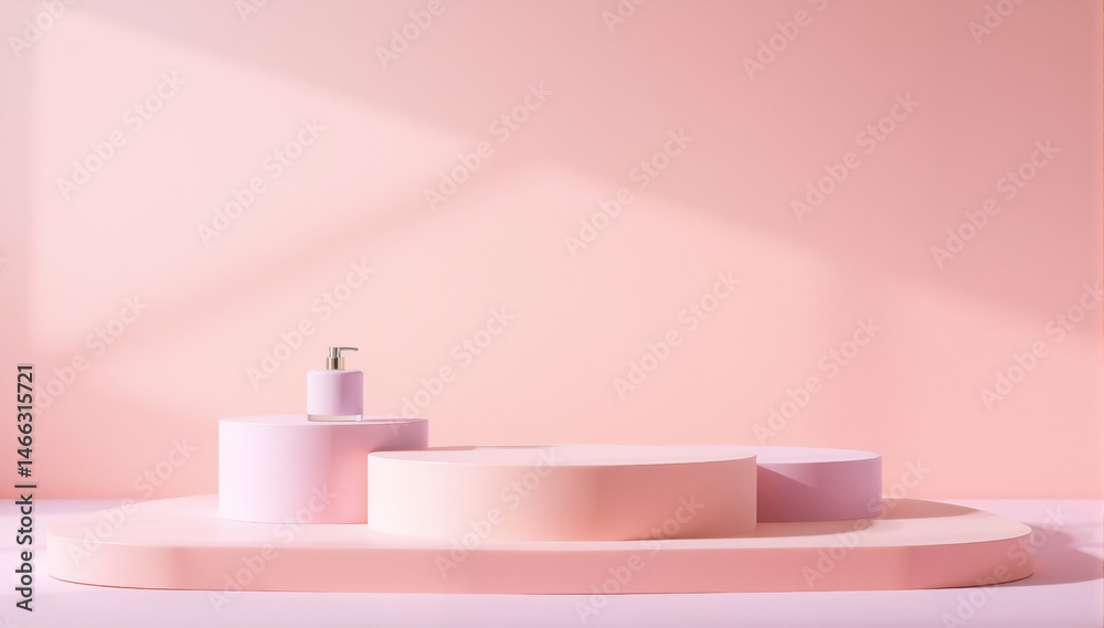 Fototapete Soft, pastel pink background with three cylindrical platforms forming a minimalist display. Sunlight streams in, creating shadows. Perfect for product photography or showcasing small items.