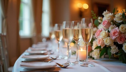 Elegant wedding reception, beautifully decorated venue Champagne flutes, floral arrangements, romantic ambiance , dinner, champagne, union