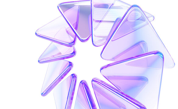 Abstract 3d background wallpaper with glass circle effect of row triangle plate shapes, colorful light iridescent neon holographic gradient. Render digital graphic design tech banner