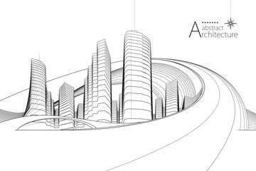 3D illustration abstract urban landscape, imaginative architectural perspective line drawing.