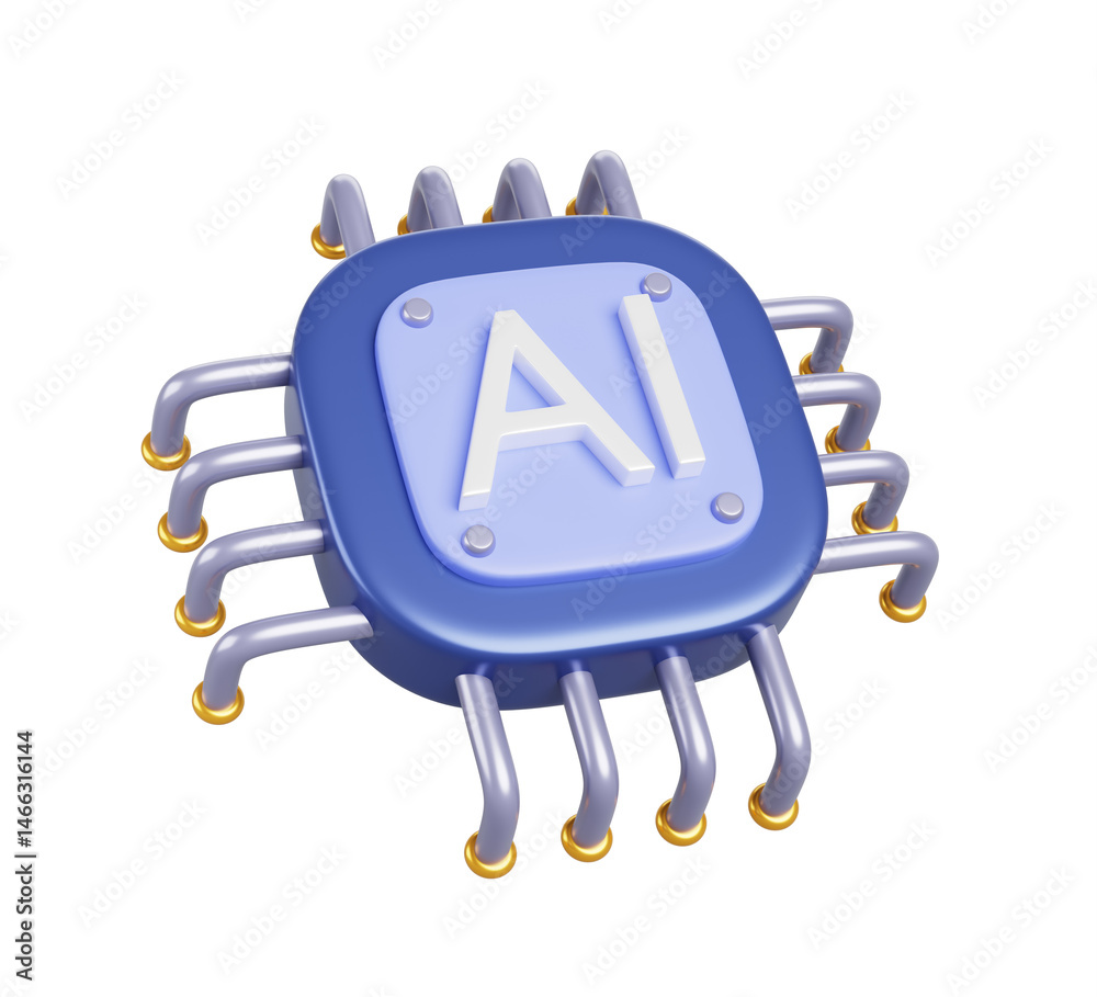 Fototapete 3d Artificial intelligence ai chip processor gpu icon. AI technology render, microcircuit, computer circuit board for data processing and machine learning isolated on white background
