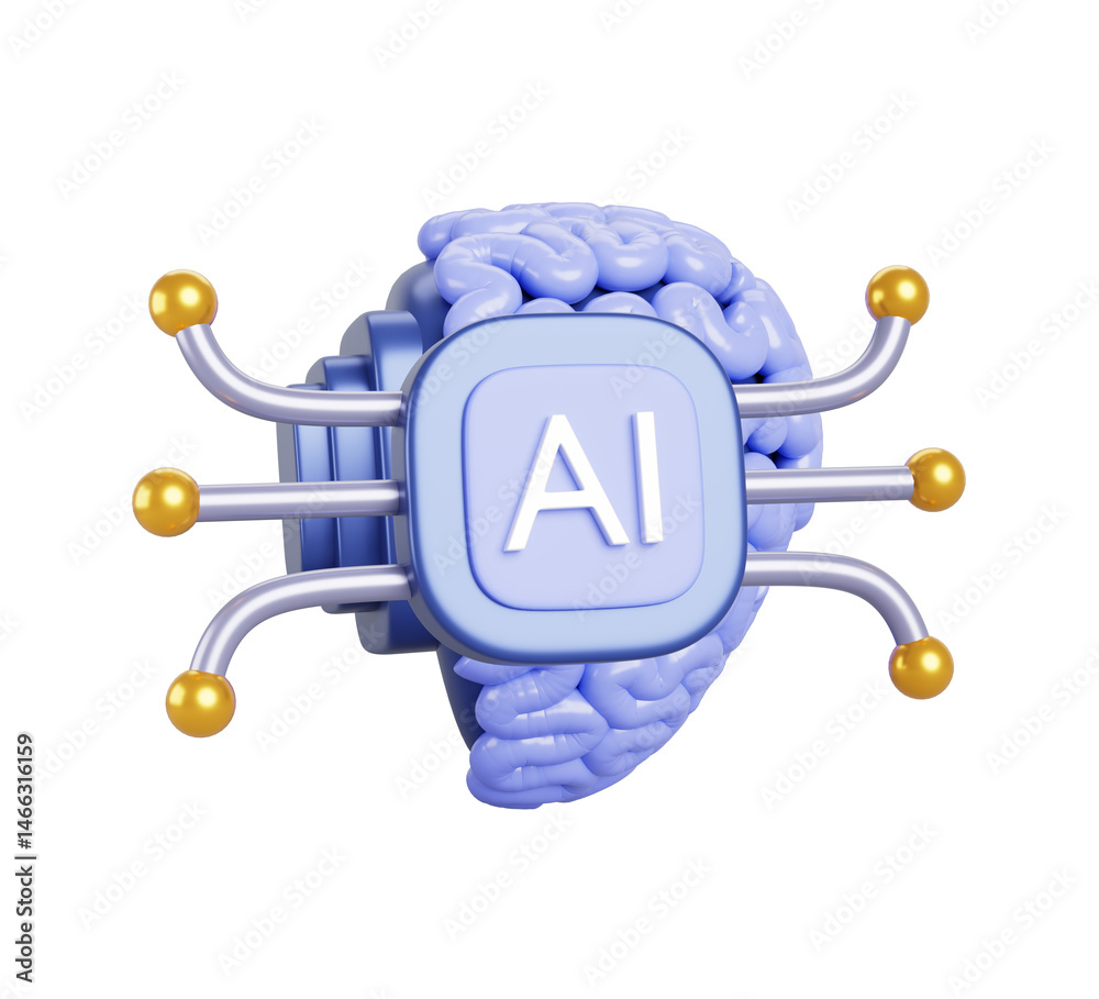 Fototapete AI brain chip 3d render icon. Artificial intelligence neural implant, future technology. BCI system or brain computer interface. Human mind with microchip isolated on white background