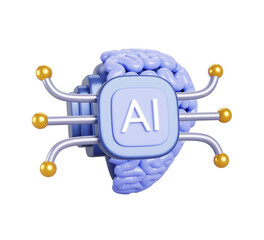 AI brain chip 3d render icon. Artificial intelligence neural implant, future technology. BCI system or brain computer interface. Human mind with microchip isolated on white background