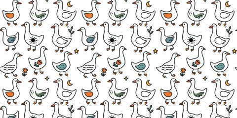 Seamless doodle pattern with cute goslings