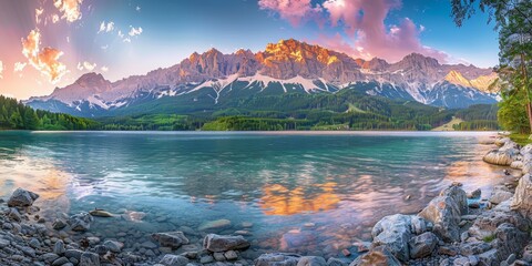 Beautiful summer sunrise on Eibsee Lake with Zugspitze mountain range in the German Alps Bavaria