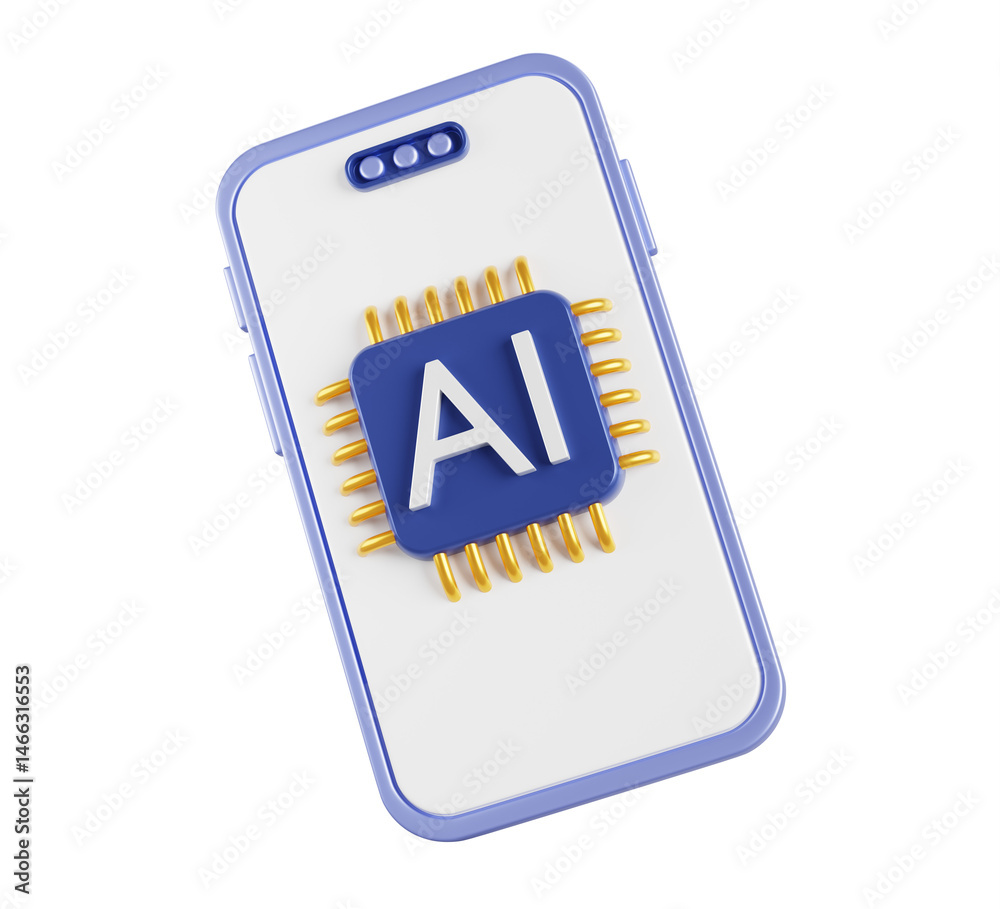 Fototapete 3d smartphone with ai chip icon on screen render. Mobile phone with artificial intelligence processor gpu for deep learning, analysis, computing, data transfer and storage interface