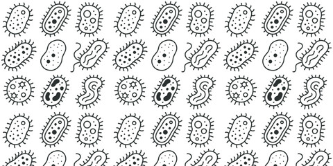Seamless doodle pattern with cute microbes
