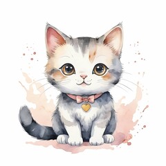 Fototapeta premium Cute Kitten Sitting Watercolor Style with Pink Collar and Gold Heart