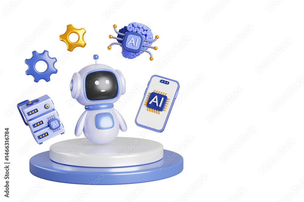 Fototapete AI technology 3d banner. Chatbot robot on platform with mobile phone, data server, brain with chip icon, gears. Artificial intelligence in science and business, smart machine concept