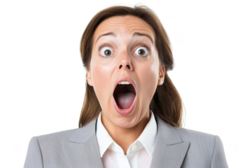 A woman with wide eyes and open mouth displaying a shocked expression. Woman in business, Png, Transparent background