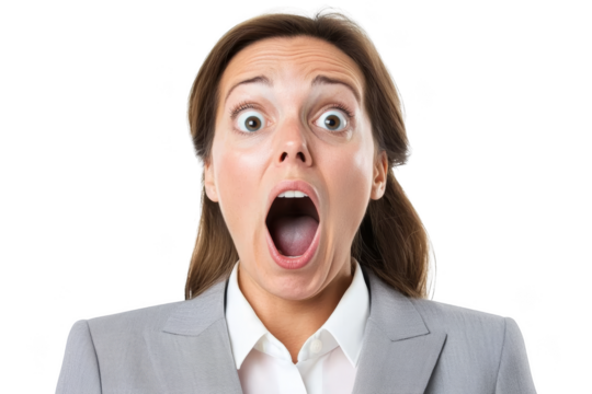 A woman with wide eyes and open mouth displaying a shocked expression. Woman in business, Png, Transparent background - Powered by Adobe
