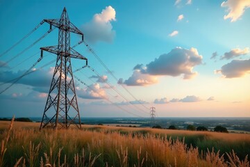 Obraz premium High-voltage power lines stretching across a landscape, carrying electricity from a distant power plant , transmission line, current