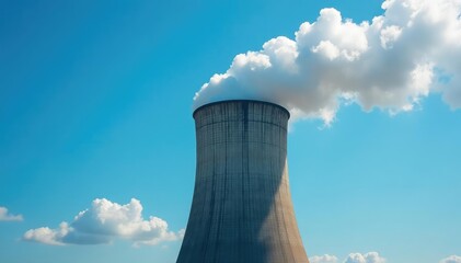 Industrial chimney cooling tower emitting steam against a blue sky , water, heat