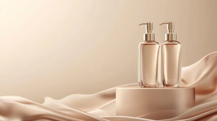 Elegant,  transparent bottles of liquid soap or lotion, on a  soft, beige pedestal