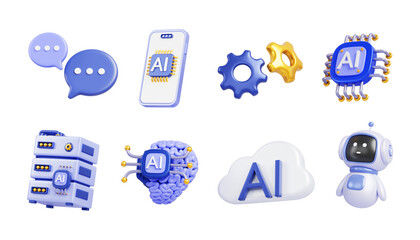 Artificial intelligence 3d render icon set. Chatbot robot, ai chip, brain, data server, cloud, mobile phone, speech bubble, gears. Innovation technology, science and business concept