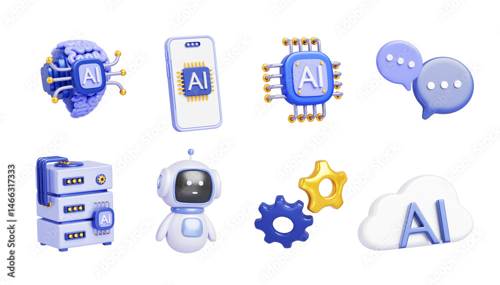 Poster ai technology cartoon 3d render icon set. artificial intelligence robot bot character, computer serv