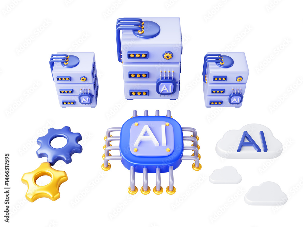 Fototapete 3d Artificial intelligence technology banner. AI computer server, cloud computing, microchip render blue background. Machine learning, big data, infrastructure cloud platform service